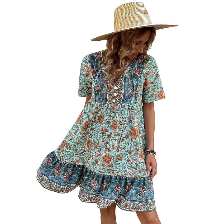 Damen Sommerliches Blumenkleid mit verspieltem Rüschensaum und Knopfdetail Drune