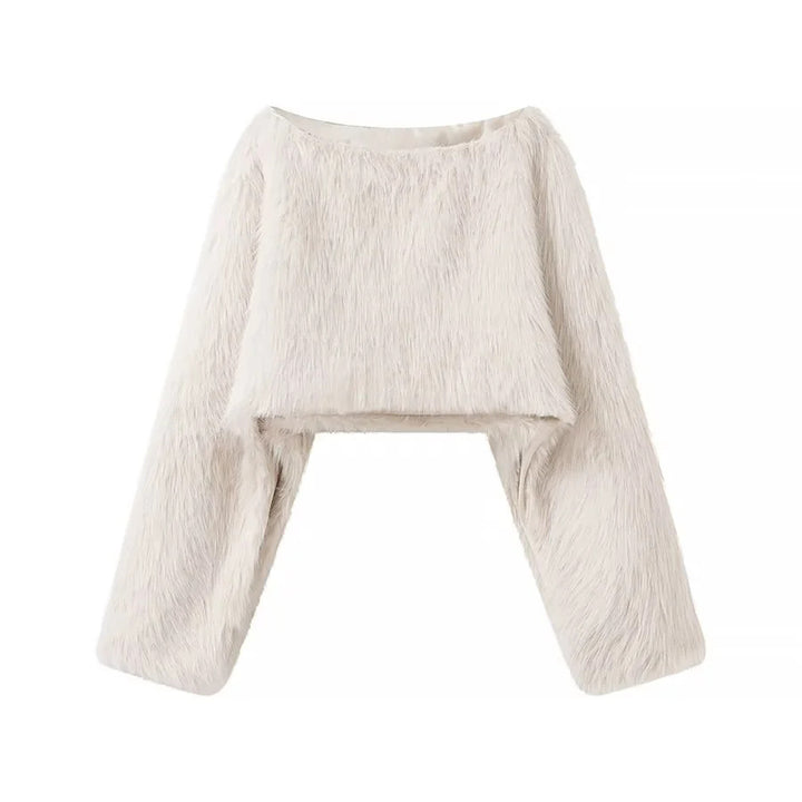 Damen nan kuscheliger Cropped-Fellpullover mit weitem Bootneck und voluminösen Ärmeln Drune