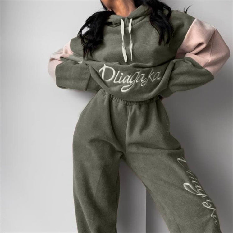 Damen kuscheliges Hoodie-Set mit kontrastärmel, elastischer High-Waist-Jogginghose und überschnittener Kapuze Drune