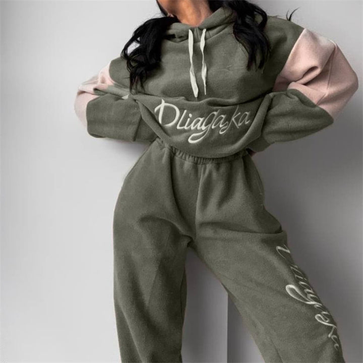 Damen kuscheliges Hoodie-Set mit kontrastärmel, elastischer High-Waist-Jogginghose und überschnittener Kapuze Drune