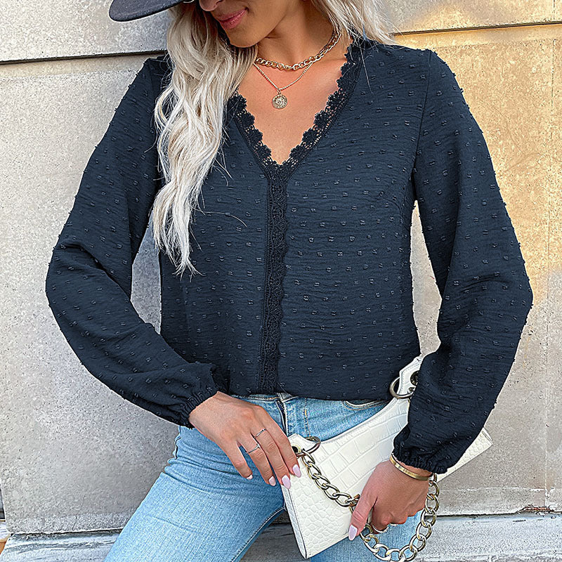 Damen Elegante Bluse mit Rüschendetails und Spitzenakzent Drune