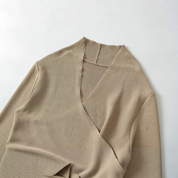 Damen Wickel-Strickpullover mit V‑Ausschnitt und Ziergürtel Drune