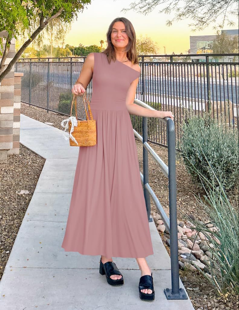 Damen Asymmetrisches Maxikleid mit One-Shoulder, Taillenbetonung und Seitentaschen Drune