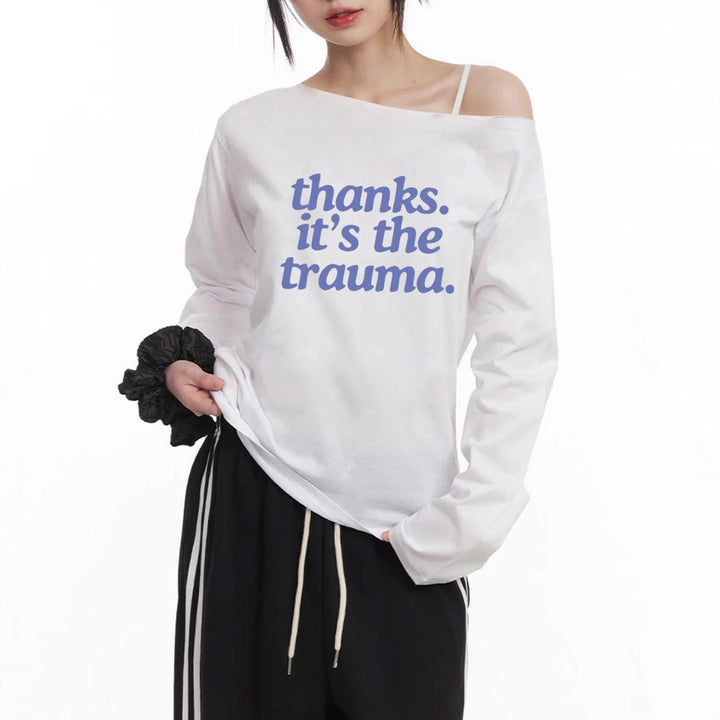 Damen nan Off-Shoulder Langarm-Cropshirt mit Statement-Print, asymmetrischem Ausschnitt und lockerem Oversize-Schnitt Drune