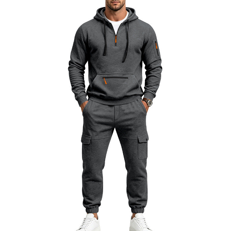 Herren Zweiteiliges Fleece-Loungewear-Set mit Halbzip-Kapuze und Cargo-Jogger Drune