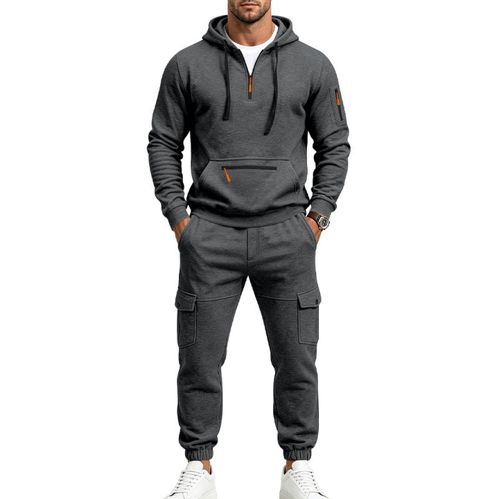 Herren Zweiteiliges Fleece-Loungewear-Set mit Halbzip-Kapuze und Cargo-Jogger Drune
