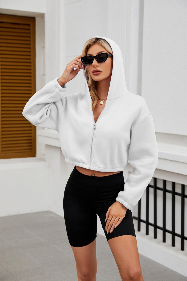 Damen Cropped Kapuzenjacke mit durchgehendem Reißverschluss und oversized Ärmeln Drune