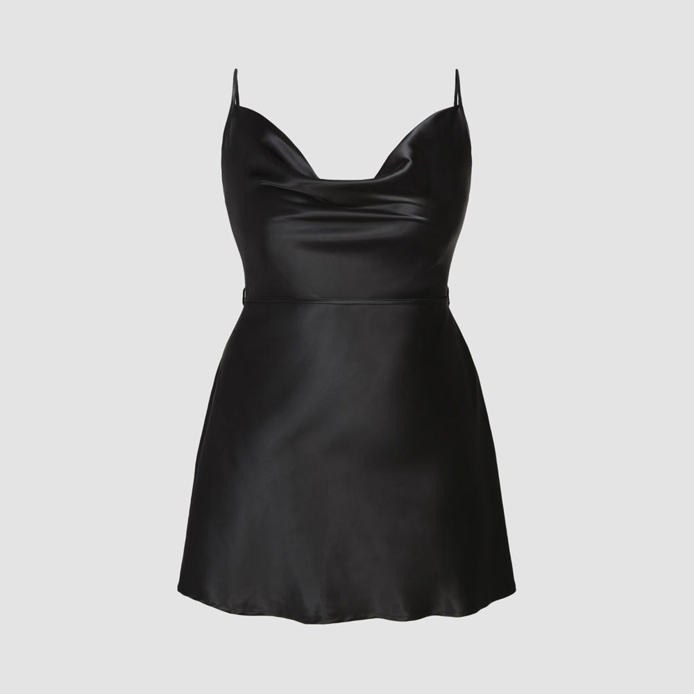 Damen elegantes Satin-Kleid mit verstellbaren Trägern und Taillenband Drune