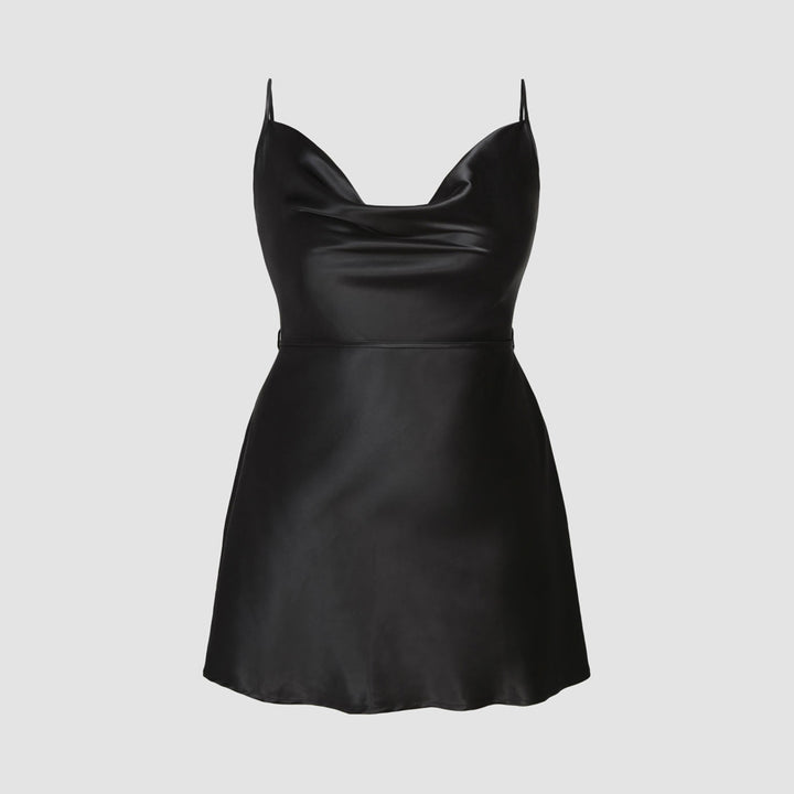Damen elegantes Satin-Kleid mit verstellbaren Trägern und Taillenband Drune
