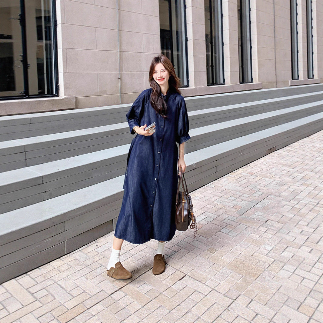 Damen Jeans-Midikleid mit durchgehender Knopfleiste, Taillengürtel und 3/4-Ärmeln Drune