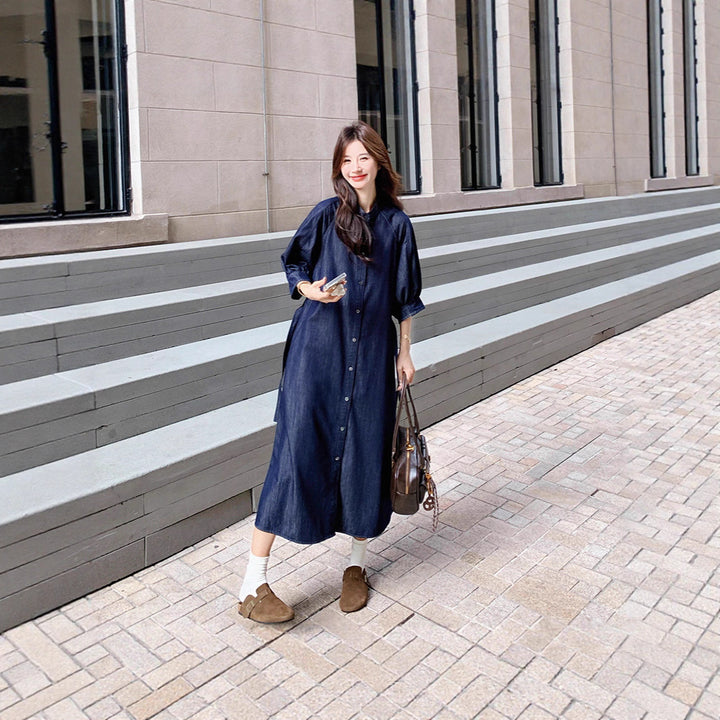 Damen Jeans-Midikleid mit durchgehender Knopfleiste, Taillengürtel und 3/4-Ärmeln Drune