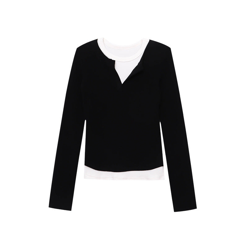 Damen figurbetontes Langarmshirt mit hohem Ausschnitt im Layered Look Drune