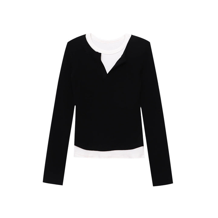 Damen figurbetontes Langarmshirt mit hohem Ausschnitt im Layered Look Drune