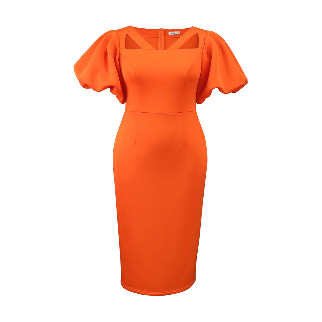 Damen Figurbetontes Kleid mit voluminösen Puffärmeln und innovativem Ausschnitt Drune