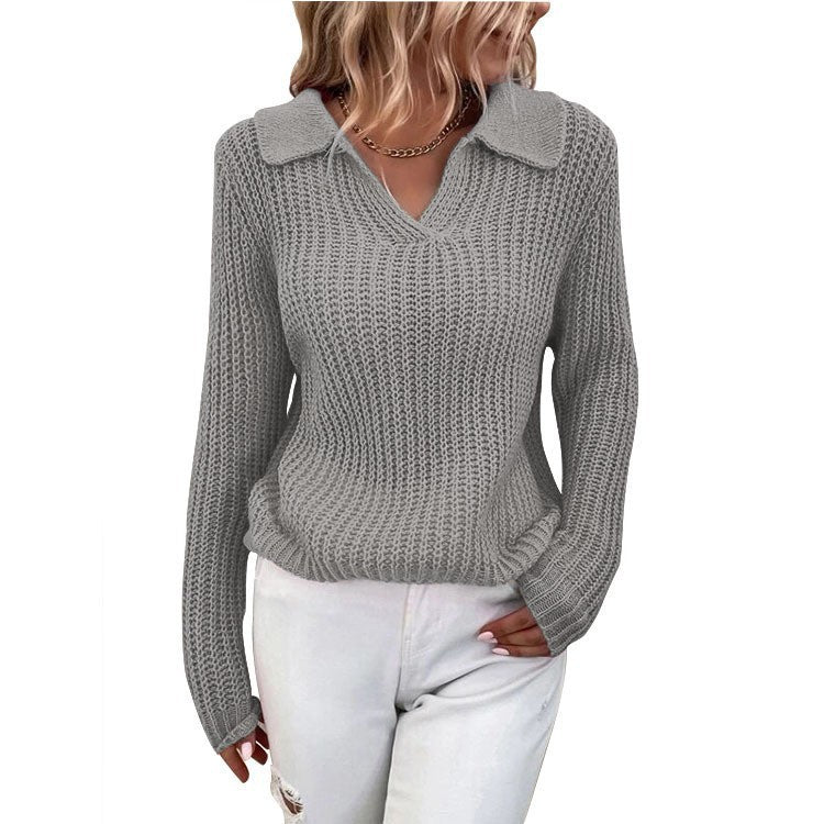 Damen V-Ausschnitt Strickpullover mit Kragen Drune