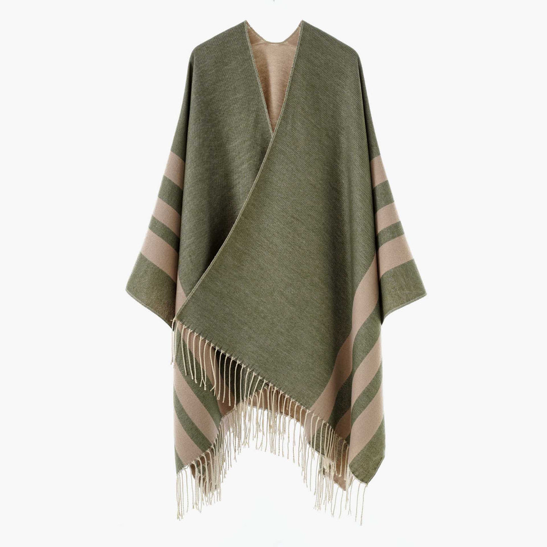 Damen Großer Wollmix Fransenponcho mit diagonalen Kontraststreifen Drune