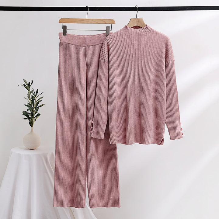 Damen lässiger Strickanzug mit Stehkragen und Knopfdetails Drune