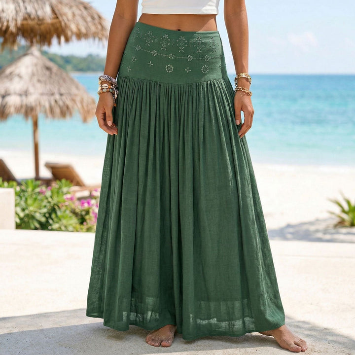 Damen nan maxi-Volantrock mit besticktem Bund und feinen Falten Drune
