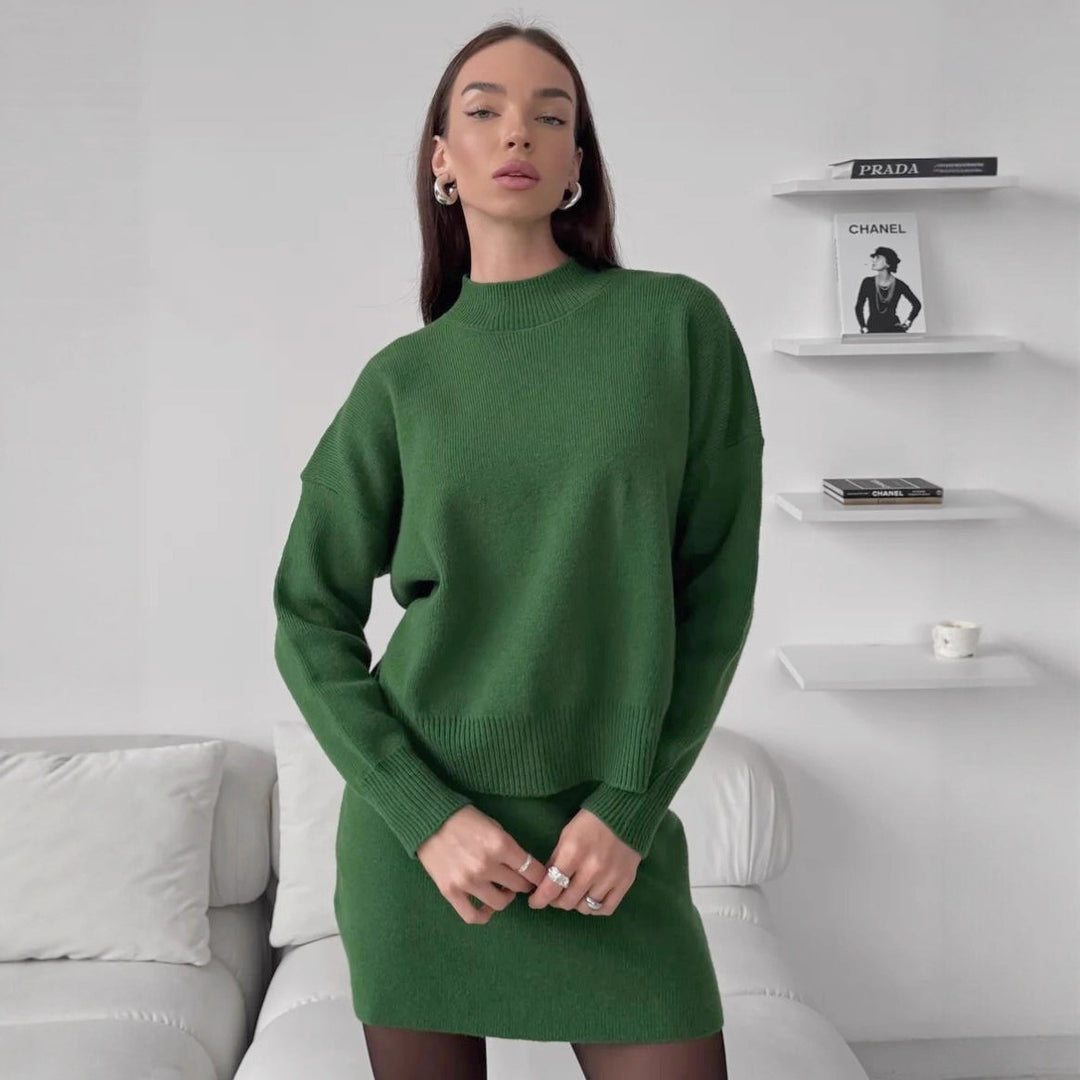 Damen kuscheliges Strickensemble mit hochgeschlossenem Design und ausgestelltem Rock Drune