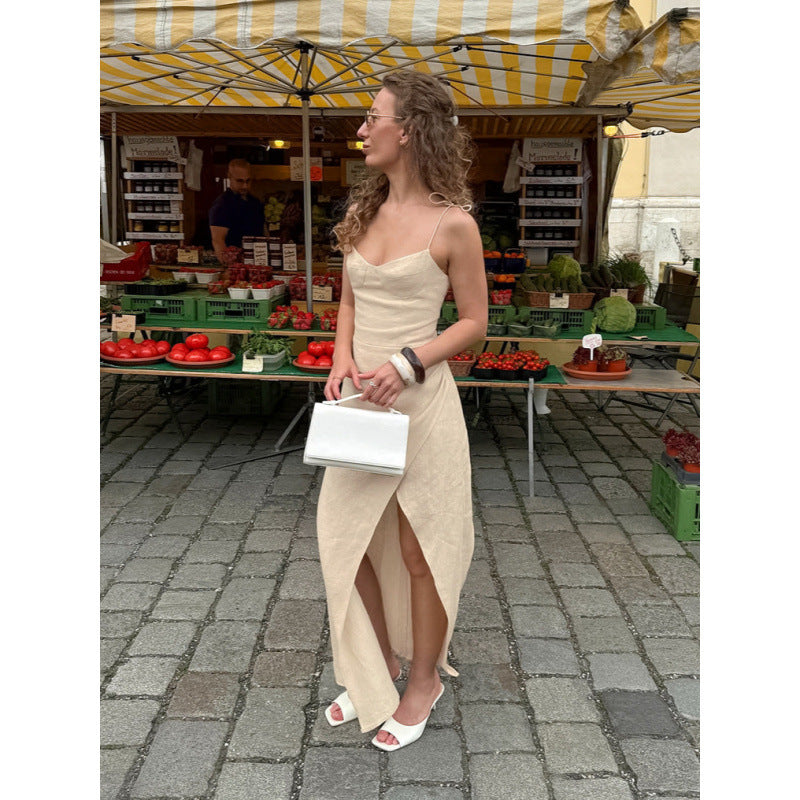 Damen elegantes Maxikleid mit tiefem V-Ausschnitt und seitlichem Schlitz Drune