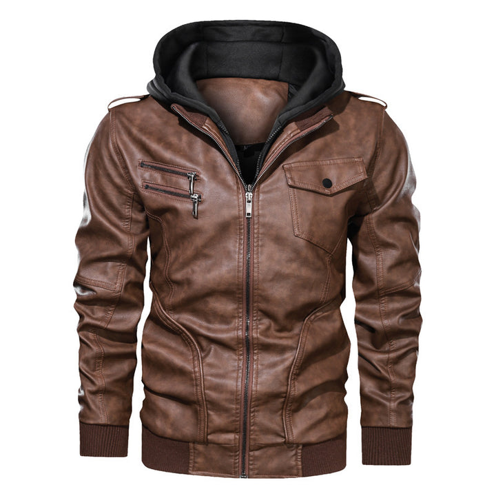 Herren Lederoptik Kapuzenjacke im Bikerstil mit Reißverschlusstaschen und Rippbündchen Drune