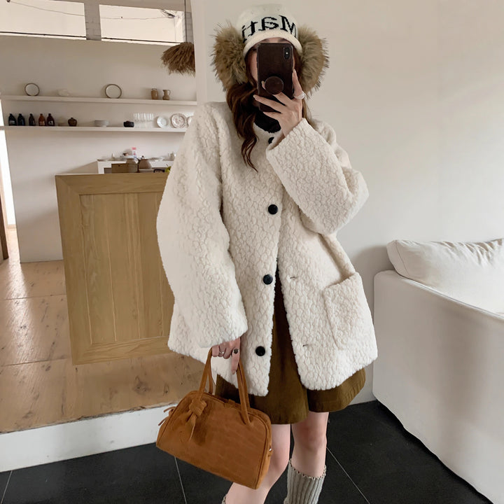 Damen Oversized Teddy‑Mantel mit Rundhals, großer Knopfleiste und aufgesetzten Taschen Drune