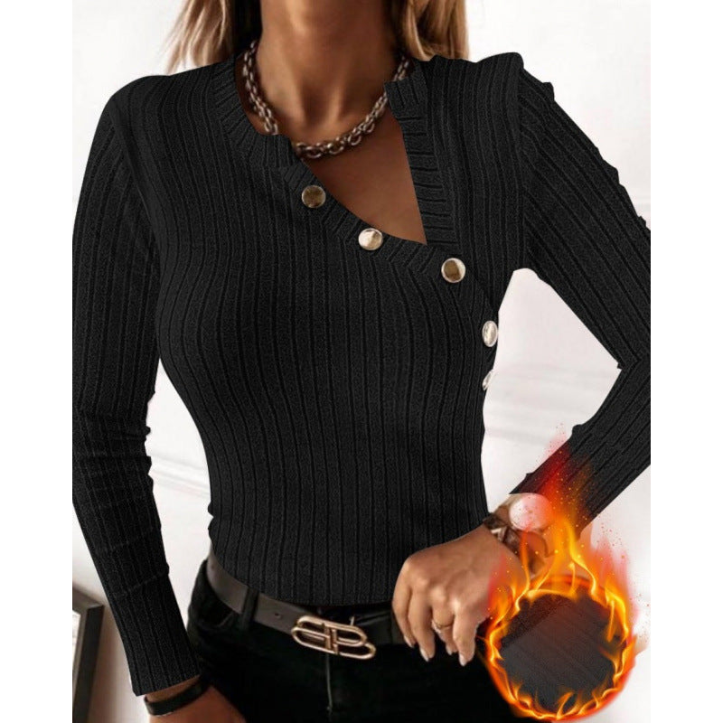 Damen Langarmshirt mit modischem Knopfdetail und Rippstruktur Drune