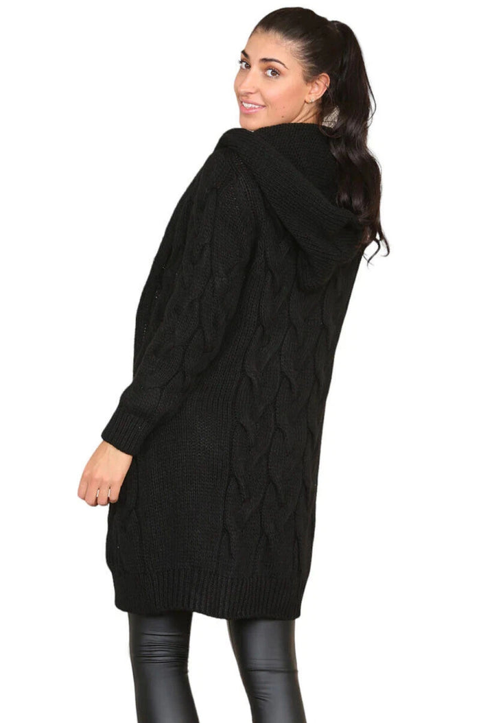 Damen Grobstrick Hoodie-Mantel mit Zopfdesign und tiefen Taschen Drune
