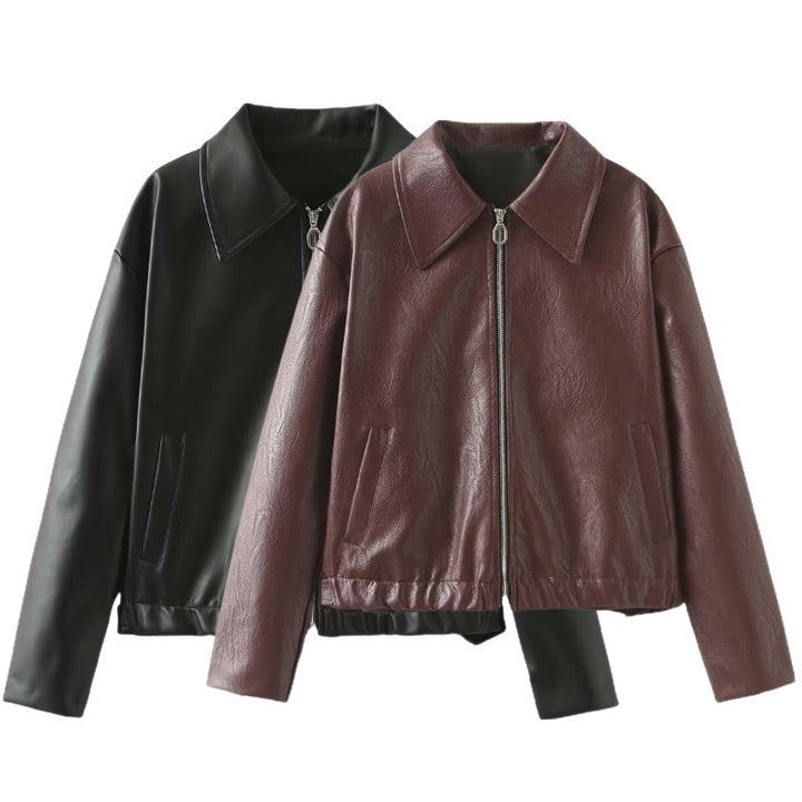 Damen Kurze Oversized-Lederoptik-Jacke mit Reißverschluss, Hembund und Kentkragen Drune