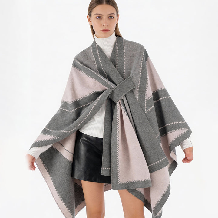 Damen Oversize-Cape aus Jacquard-Strick mit Bindeschlaufe Drune