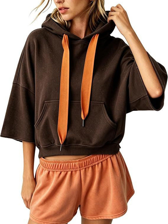 Damen Cropped Kapuzenpullover mit 3/4-Ärmeln und Kängurutasche Drune