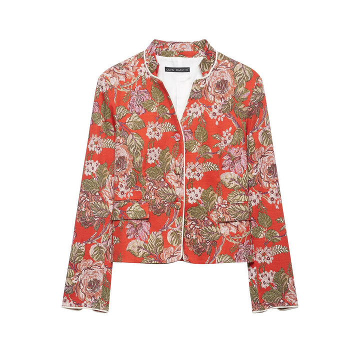 Damen floral gewebte Jacquard‑Bouclé Kurzjacke mit Stehkragen Drune