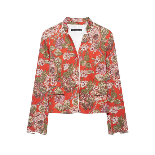Damen floral gewebte Jacquard‑Bouclé Kurzjacke mit Stehkragen Drune