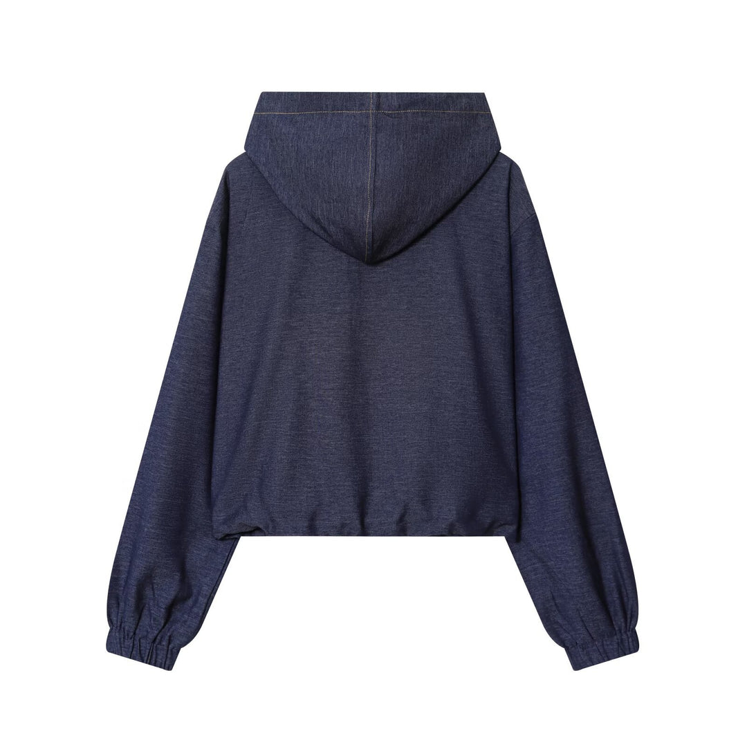 Damen Zweiteiler aus Denim‑Jersey Kapuzenjacke mit Reißverschluss und weiter Bundfaltenhose Drune