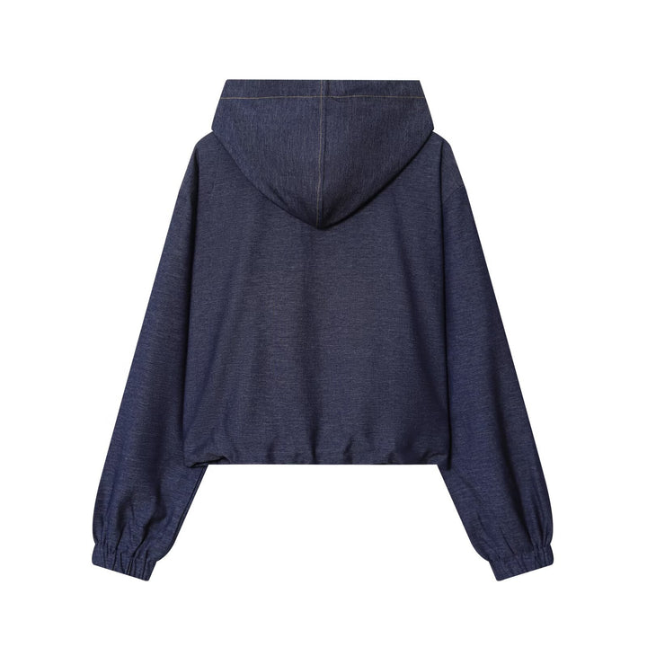Damen Zweiteiler aus Denim‑Jersey Kapuzenjacke mit Reißverschluss und weiter Bundfaltenhose Drune