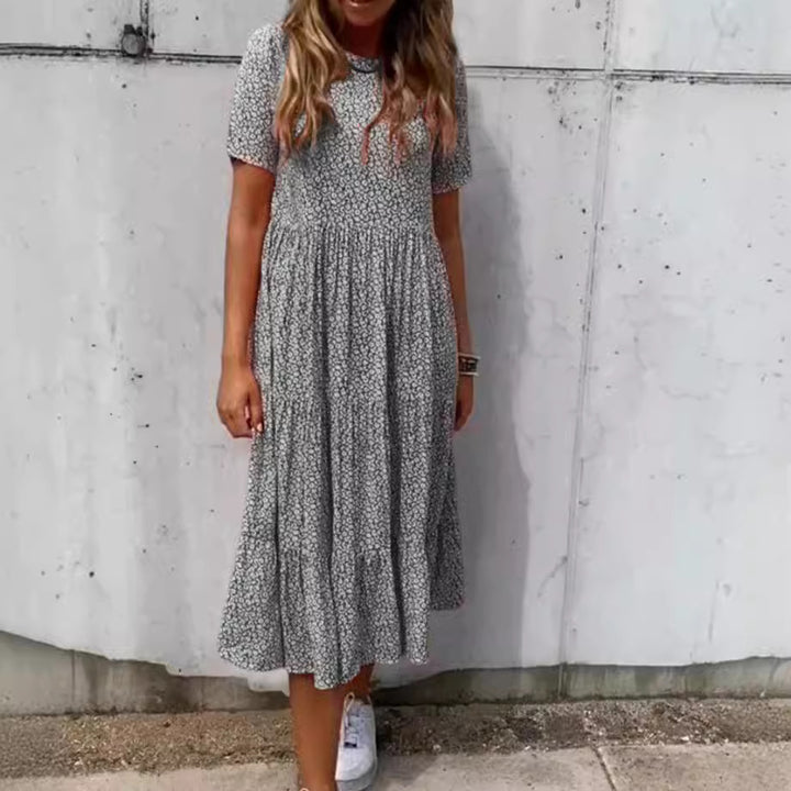 Damen nan leichtes Midikleid mit geraffter Taillenpartie, kurzen Ärmeln und mehrlagigem Stufenrock Drune