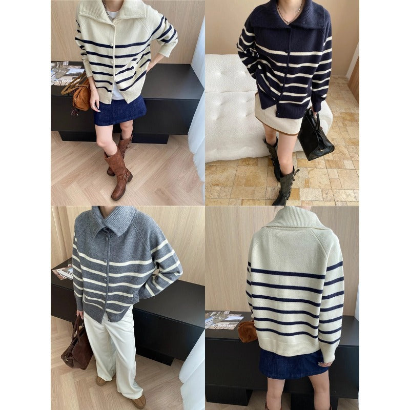 Damen lässige Strickjacke mit Streifenmuster und Kragen Drune