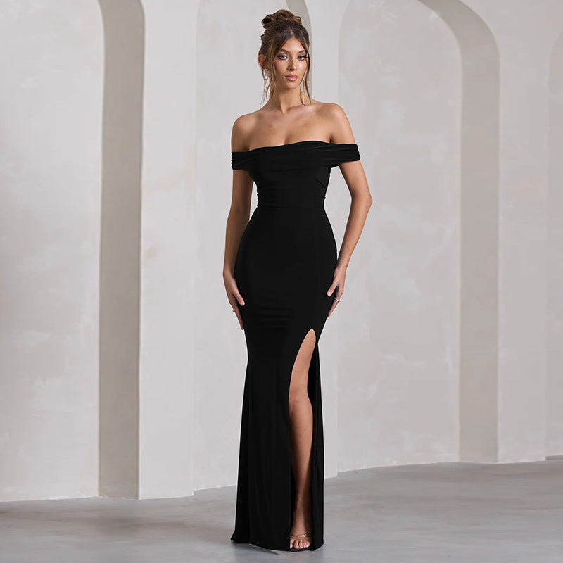 Damen Maxi-Kleid mit schulterfreiem Design und elegantem Schlitz Drune