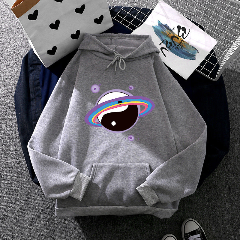 Damen nan Oversized Kapuzenpullover aus Baumwollmischung mit Planeten-Yin‑Yang-Grafik und Kängurutasche Drune