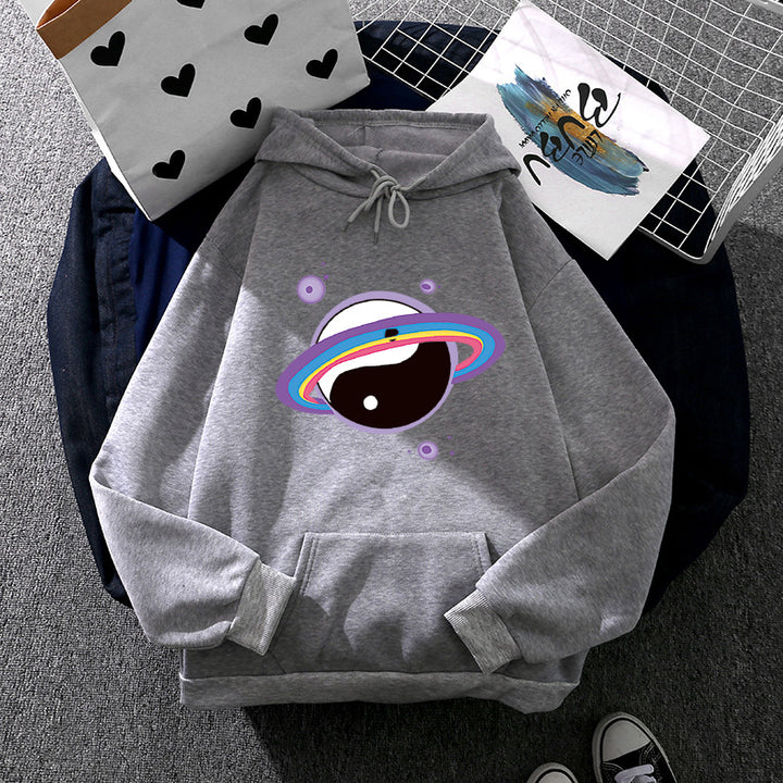 Damen nan Oversized Kapuzenpullover aus Baumwollmischung mit Planeten-Yin‑Yang-Grafik und Kängurutasche Drune