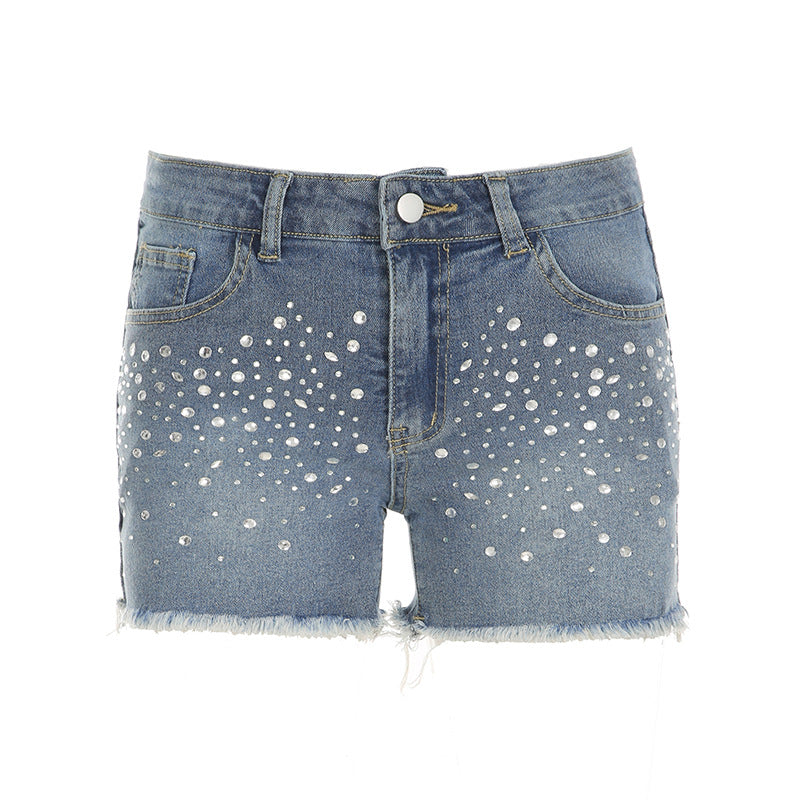Damen Jeansshorts mit glitzernden Applikationen und fransigem Saum Drune