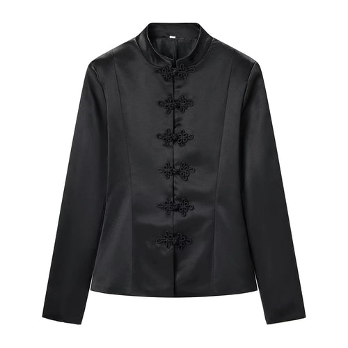 Damen nan taillierte Satinjacke mit Stehkragen und dekorativen Knotenverschlüssen Drune