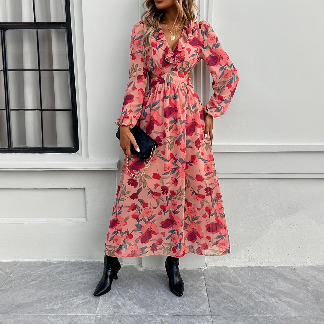 Damen nan luftig-fließendes Chiffon-Maxikleid mit Taillen-Cutouts, Rüschen-V-Ausschnitt und langen, transparenten Ärmeln Drune