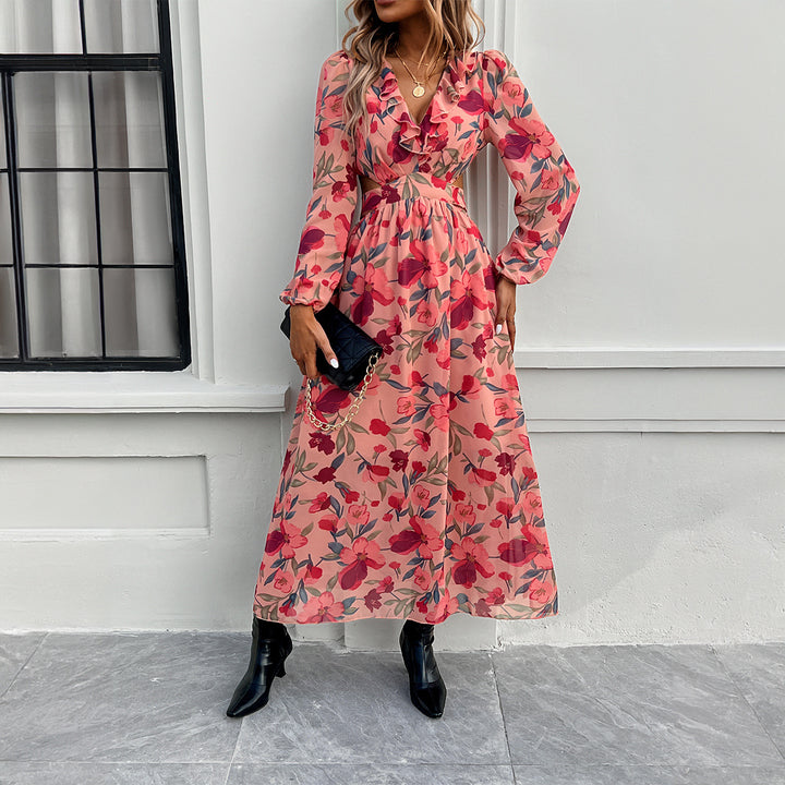 Damen nan luftig-fließendes Chiffon-Maxikleid mit Taillen-Cutouts, Rüschen-V-Ausschnitt und langen, transparenten Ärmeln Drune