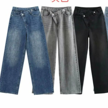 Damen 20+ weite High‑Waist Denim‑Palazzo‑Jeans mit asymmetrischem Bunddetail Drune