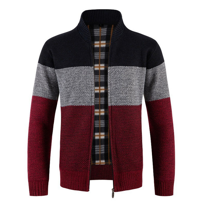 Herren modische Strickjacke mit kontrastierenden Streifen und gestepptem Innenfutter Drune