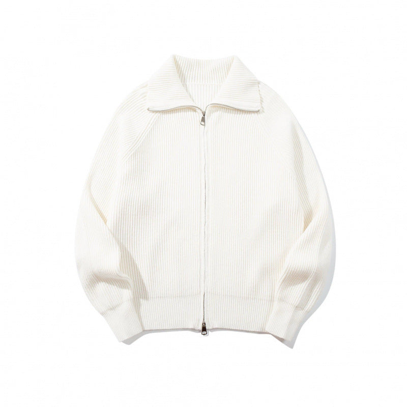 Unisex Grobgerippte Zip-Strickjacke mit Stehkragen, Raglanärmeln und Zwei-Wege-Reißverschluss Drune