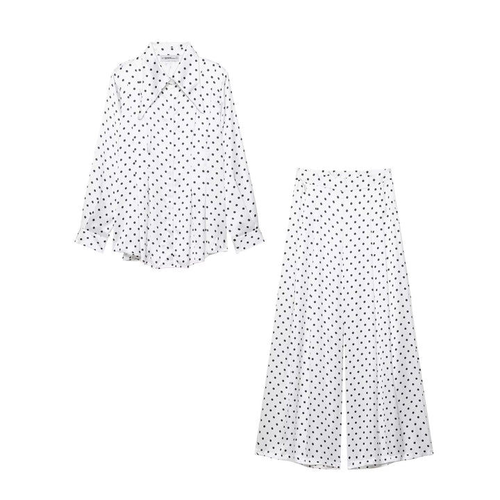 Damen Satinbluse mit übergroßem spitzen Hemdkragen, Faltenpartie und Pünktchen-Print Drune