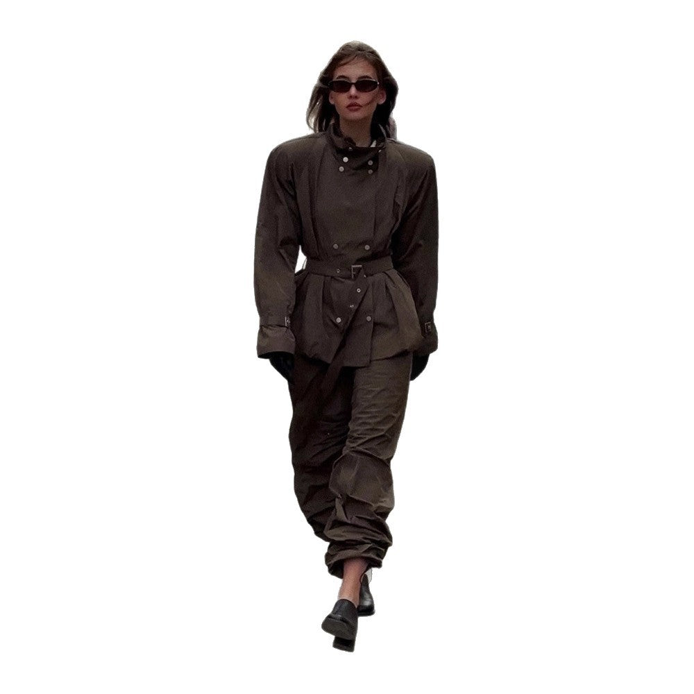 Damen modische Utility-Jacke mit Taillengürtel und trendy Knopfdetails Drune