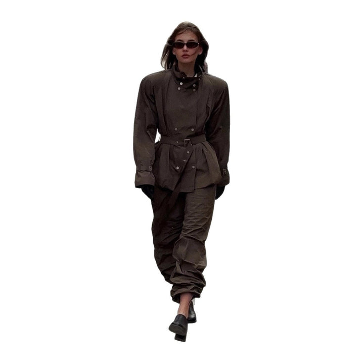 Damen modische Utility-Jacke mit Taillengürtel und trendy Knopfdetails Drune